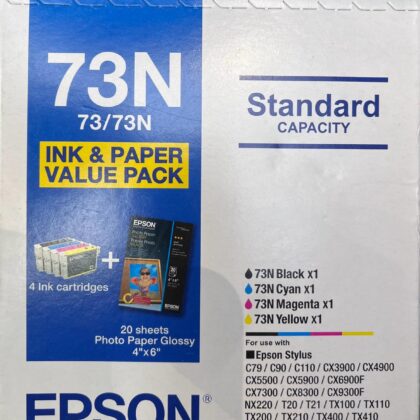 Genuine Epson 73N Ink Cartridges with 20 Glossy Photo Paper Sheets Value Pack [1BK,1C,1M,1Y]